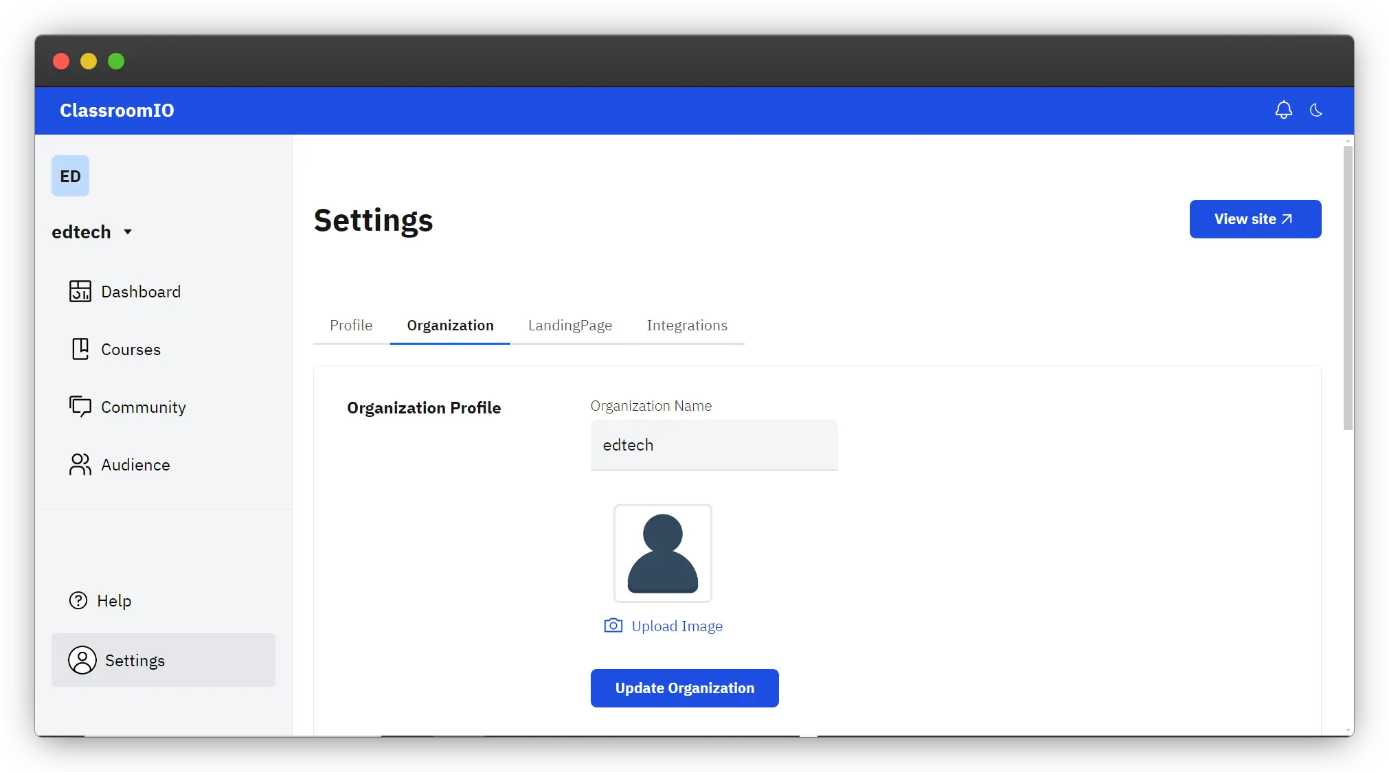 ClassroomIO Organization settings page